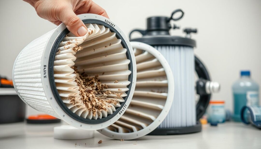 A well-lit, close-up view of a cartridge pool filter being disassembled and cleaned. The foreground shows the filter cartridge being carefully removed, revealing its pleated fabric surface covered in accumulated debris. The middle ground displays the filter housing, with its various components and connections visible. The background features a clean, organized workspace with tools and cleaning supplies nearby, conveying a sense of a methodical, step-by-step process. The lighting is soft and even, highlighting the textures and details of the filter components. The overall mood is one of a straightforward, informative guide to maintaining a cartridge pool filter. A well-lit, close-up view of a cartridge pool filter being disassembled and cleaned. The foreground shows the filter cartridge being carefully removed, revealing its pleated fabric surface covered in accumulated debris. The middle ground displays the filter housing, with its various components and connections visible. The background features a clean, organized workspace with tools and cleaning supplies nearby, conveying a sense of a methodical, step-by-step process. The lighting is soft and even, highlighting the textures and details of the filter components. The overall mood is one of a straightforward, informative guide to maintaining a cartridge pool filter.