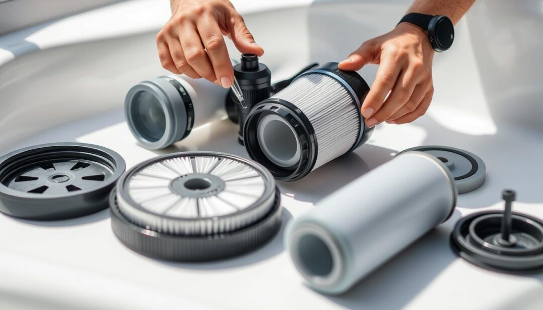A well-lit, close-up view of a person's hands carefully maintaining a hot tub filter. The filter is disassembled, with its individual components laid out on a clean, organized work surface. The hands are using specialized tools to clean and inspect each part, ensuring it is functioning properly. The lighting is natural, with soft shadows highlighting the texture and details of the filter components. The overall scene conveys a sense of attentiveness and care, as the person takes the necessary steps to maintain the hot tub's filtration system for optimal performance and longevity.