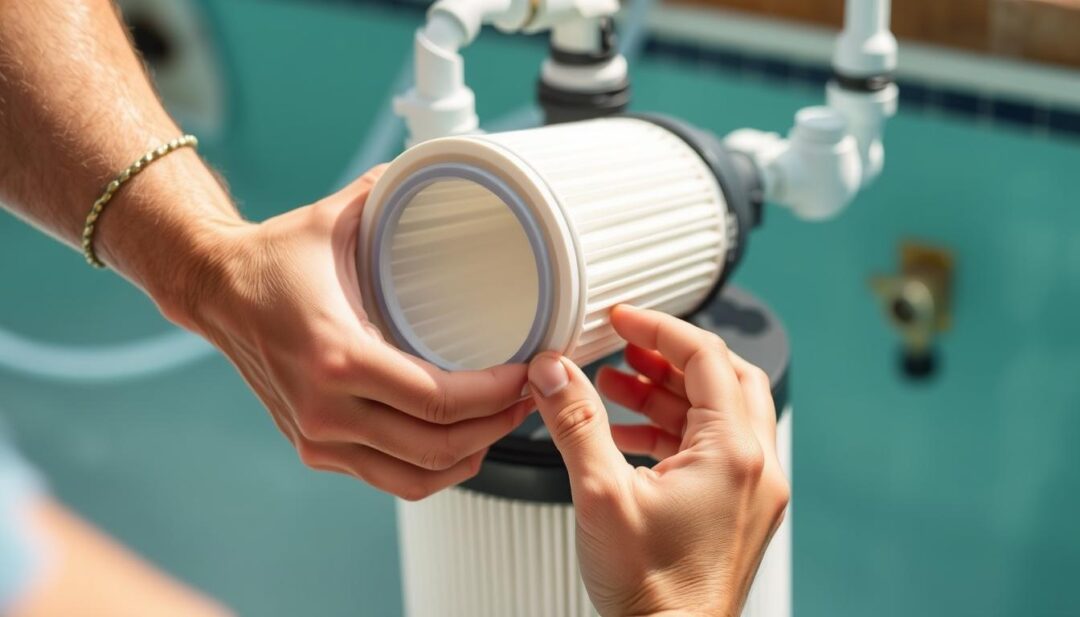 A well-lit, detailed image of a person performing routine maintenance on a cartridge pool filter. The foreground shows the person's hands carefully removing the filter cartridge from the housing, exposing the inner workings. The middle ground showcases the filter cartridge itself, with visible pleats and a clean, pristine appearance. The background depicts the pool equipment area, with hoses, valves, and other related components visible. The lighting is natural and diffused, creating a warm, inviting atmosphere. The overall scene conveys a sense of care, attention to detail, and the importance of proper maintenance for extending the lifespan of a pool's filtration system. A well-lit, detailed image of a person performing routine maintenance on a cartridge pool filter. The foreground shows the person's hands carefully removing the filter cartridge from the housing, exposing the inner workings. The middle ground showcases the filter cartridge itself, with visible pleats and a clean, pristine appearance. The background depicts the pool equipment area, with hoses, valves, and other related components visible. The lighting is natural and diffused, creating a warm, inviting atmosphere. The overall scene conveys a sense of care, attention to detail, and the importance of proper maintenance for extending the lifespan of a pool's filtration system.