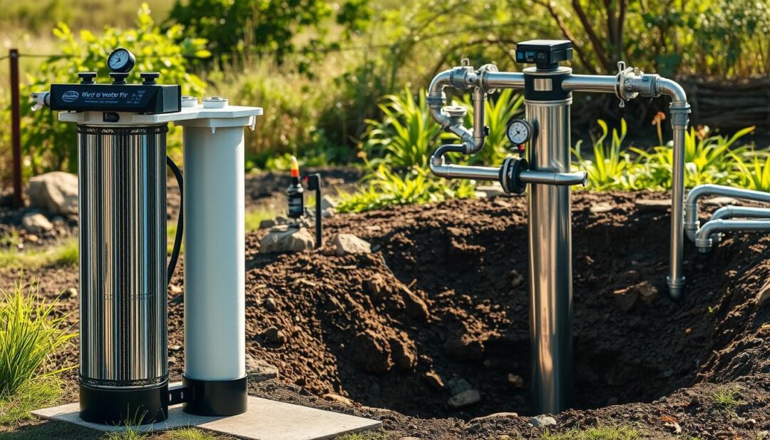 A well-lit, detailed image of a well water treatment system. In the foreground, a modern reverse osmosis filtration unit with clean, metallic lines stands prominently. In the middle ground, various piping, valves, and monitoring gauges illustrate the technical complexity of the system. The background shows the well casing emerging from the ground, surrounded by natural elements like rocks, soil, and lush greenery to contextualize the rural setting. The lighting is warm and inviting, creating a sense of reliability and functionality for this essential water treatment solution.