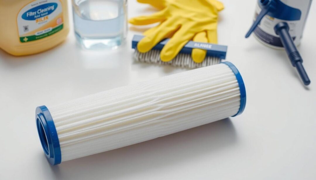 A well-lit, high-quality photograph of a pool filter cartridge lying on a clean, white surface, surrounded by a collection of cleaning supplies including a filter cleaning brush, a chemical cleaning solution, and a pair of rubber gloves. The image should convey a sense of preparation and organization, with the cartridge filter positioned prominently in the foreground, and the cleaning supplies neatly arranged around it. The lighting should be bright and even, highlighting the details of the filter and the cleaning materials. The overall mood should be one of cleanliness, efficiency, and attention to detail, reflecting the "Preparation Steps Before Cleaning" section of the article.