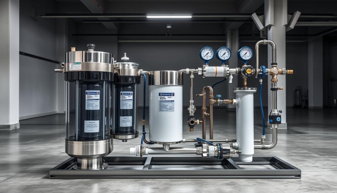 A well-lit, high-resolution image of a modern, multi-stage well water filtration system. The foreground features a sturdy, stainless steel housing with clear acrylic housings, revealing the internal sediment, carbon, and reverse osmosis filters. The middle ground shows the system's inlet and outlet pipes, valves, and pressure gauges, all neatly arranged and color-coded. The background depicts a clean, minimalist industrial setting, with smooth concrete floors and exposed beams, emphasizing the system's professional-grade design and construction. The lighting is crisp and evenly distributed, highlighting the system's intricate components and mechanical precision. The overall tone is one of functionality, reliability, and attention to detail, conveying the importance of proper well water preparation for pool use. A well-lit, high-resolution image of a modern, multi-stage well water filtration system. The foreground features a sturdy, stainless steel housing with clear acrylic housings, revealing the internal sediment, carbon, and reverse osmosis filters. The middle ground shows the system's inlet and outlet pipes, valves, and pressure gauges, all neatly arranged and color-coded. The background depicts a clean, minimalist industrial setting, with smooth concrete floors and exposed beams, emphasizing the system's professional-grade design and construction. The lighting is crisp and evenly distributed, highlighting the system's intricate components and mechanical precision. The overall tone is one of functionality, reliability, and attention to detail, conveying the importance of proper well water preparation for pool use.