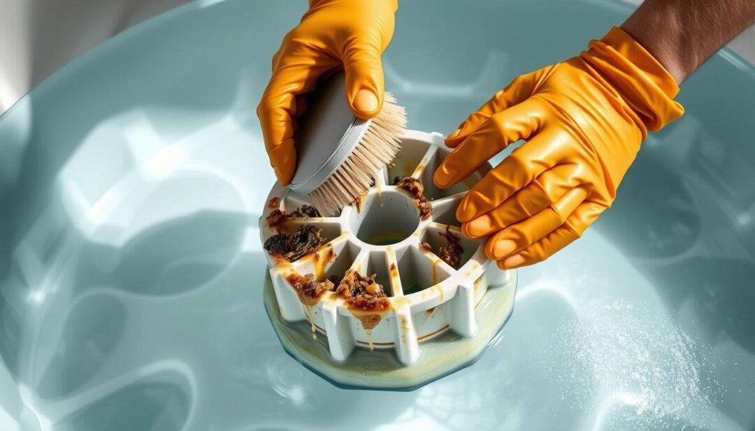 A well-lit, high-resolution image of a person's hands deep-cleaning a slimy, grimy hot tub filter. The filter is partially submerged in a clear, shallow tub of water, revealing its intricate inner workings. The person is wearing rubber gloves and is gently scrubbing the filter with a soft-bristled brush, dislodging debris and grime. The filter is the central focus, occupying the middle ground, with a clean, minimalist background that allows the cleaning process to stand out. Soft, even lighting illuminates the scene, creating a serene, instructional atmosphere. The overall mood is one of diligent, methodical cleaning, guiding the viewer through the necessary steps to restore a hot tub filter to pristine condition. A well-lit, high-resolution image of a person's hands deep-cleaning a slimy, grimy hot tub filter. The filter is partially submerged in a clear, shallow tub of water, revealing its intricate inner workings. The person is wearing rubber gloves and is gently scrubbing the filter with a soft-bristled brush, dislodging debris and grime. The filter is the central focus, occupying the middle ground, with a clean, minimalist background that allows the cleaning process to stand out. Soft, even lighting illuminates the scene, creating a serene, instructional atmosphere. The overall mood is one of diligent, methodical cleaning, guiding the viewer through the necessary steps to restore a hot tub filter to pristine condition.