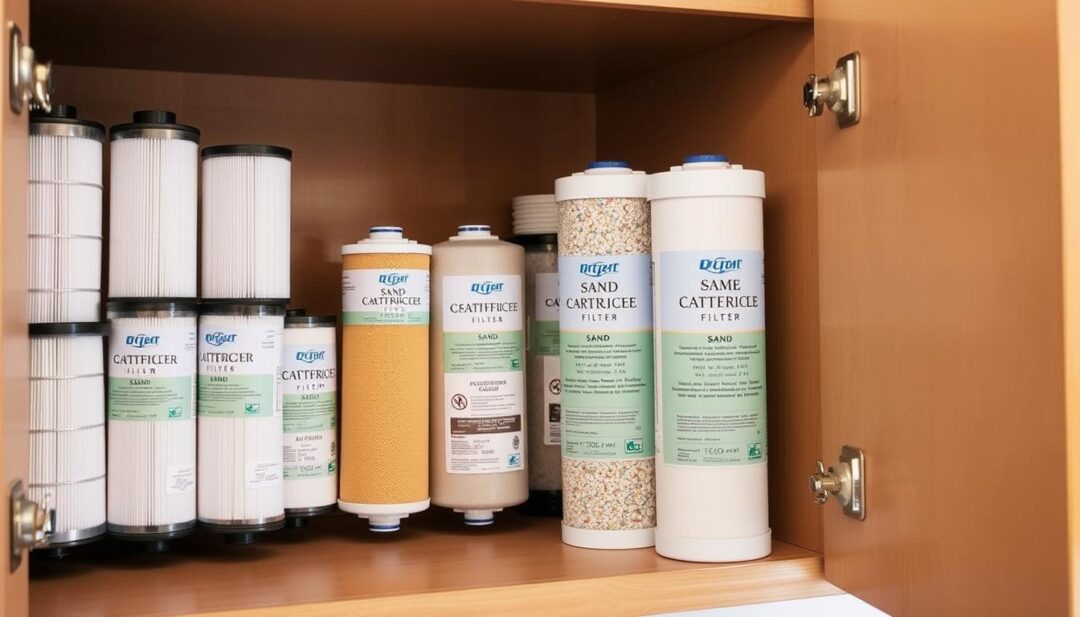 A well-lit, high-resolution photograph of an open cabinet or shelf displaying various types of hot tub filters, including cartridge, sand, and diatomaceous earth filters. The filters are arranged neatly, with their sizes and model numbers clearly visible. The scene is captured from an eye-level angle, highlighting the accessibility and variety of the filters. The background is a clean, neutral color, allowing the filters to stand out. The lighting is natural and diffused, creating a warm, inviting atmosphere that showcases the products' quality and ease of identification. A well-lit, high-resolution photograph of an open cabinet or shelf displaying various types of hot tub filters, including cartridge, sand, and diatomaceous earth filters. The filters are arranged neatly, with their sizes and model numbers clearly visible. The scene is captured from an eye-level angle, highlighting the accessibility and variety of the filters. The background is a clean, neutral color, allowing the filters to stand out. The lighting is natural and diffused, creating a warm, inviting atmosphere that showcases the products' quality and ease of identification.