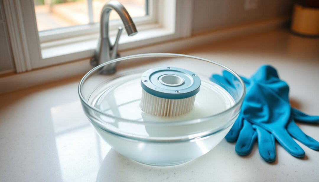 A well-lit kitchen counter with a clear glass bowl filled with a vinegar solution, a hot tub filter soaking in the liquid, and a pair of rubber gloves nearby, conveying a sense of a quick and effective cleaning process. The counter is clean and uncluttered, with a minimal and organized layout, allowing the focus to be on the filter and the vinegar solution. The lighting is soft and natural, creating a warm and inviting atmosphere, while the angle of the shot showcases the cleaning process in a visually appealing manner. A well-lit kitchen counter with a clear glass bowl filled with a vinegar solution, a hot tub filter soaking in the liquid, and a pair of rubber gloves nearby, conveying a sense of a quick and effective cleaning process. The counter is clean and uncluttered, with a minimal and organized layout, allowing the focus to be on the filter and the vinegar solution. The lighting is soft and natural, creating a warm and inviting atmosphere, while the angle of the shot showcases the cleaning process in a visually appealing manner.