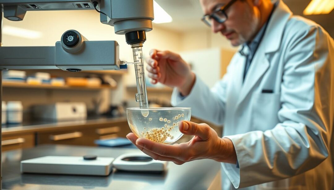 A well-lit laboratory setup, with a scientist in a white coat carefully pipetting a water sample into a petri dish for coliform testing. The dish is placed under a high-resolution microscope, revealing a close-up view of the bacterial colonies growing in the nutrient-rich medium. The room has a clean, sterile atmosphere, with stainless steel countertops and scientific equipment in the background. The lighting is warm and focused, highlighting the scientific precision of the process. The overall scene conveys the importance of thorough water testing to ensure the safety and quality of a home's well water supply.