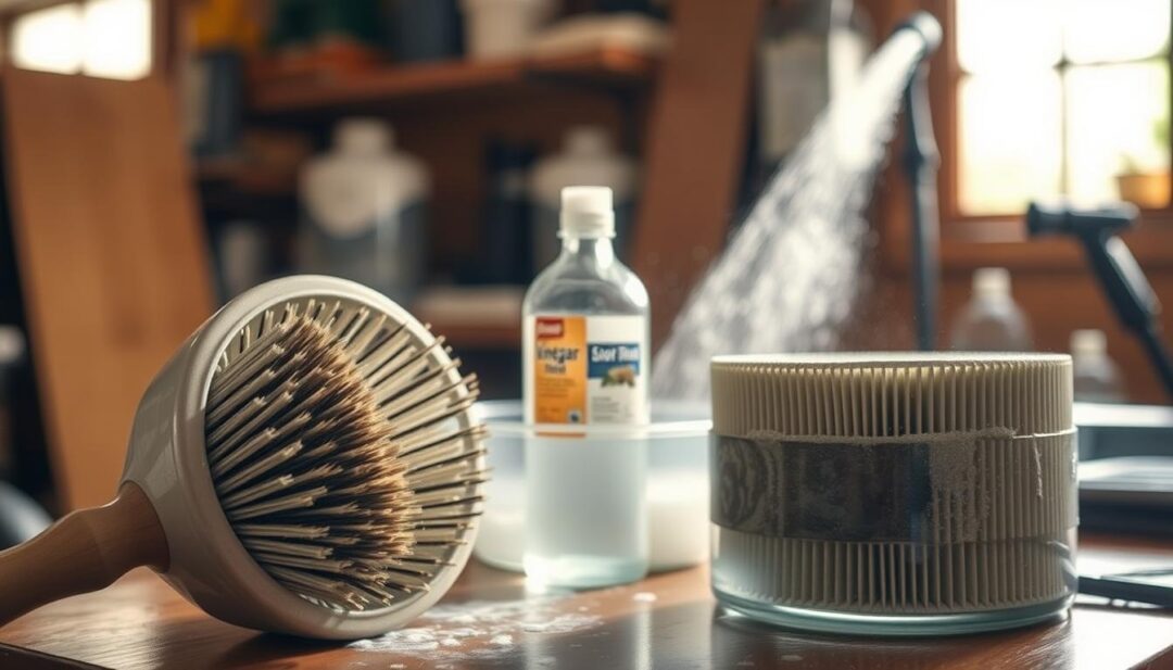 A well-lit workshop setting, featuring a variety of alternative methods for hot tub filter cleaning. In the foreground, a disassembled filter being scrubbed with a stiff-bristled brush. In the middle ground, a filter soaking in a solution of vinegar and water. In the background, a filter being cleaned with a high-pressure hose attachment. Warm, natural lighting illuminates the scene, highlighting the various tools and techniques for maintaining hot tub filters without the use of harsh chemicals.