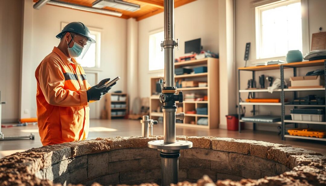 An expansive, well-lit interior space, showcasing a water well inspection in progress. The foreground features a technician in protective gear, carefully examining the well's components, creating a sense of diligence and professionalism. The middle ground highlights the well's structural elements, with intricate details and textures. The background incorporates a clean, organized workspace, with shelves of tools and equipment, conveying the comprehensive nature of the inspection. Warm, natural lighting filters through windows, casting a tranquil, reassuring atmosphere, underscoring the importance of this essential home maintenance task. An expansive, well-lit interior space, showcasing a water well inspection in progress. The foreground features a technician in protective gear, carefully examining the well's components, creating a sense of diligence and professionalism. The middle ground highlights the well's structural elements, with intricate details and textures. The background incorporates a clean, organized workspace, with shelves of tools and equipment, conveying the comprehensive nature of the inspection. Warm, natural lighting filters through windows, casting a tranquil, reassuring atmosphere, underscoring the importance of this essential home maintenance task.