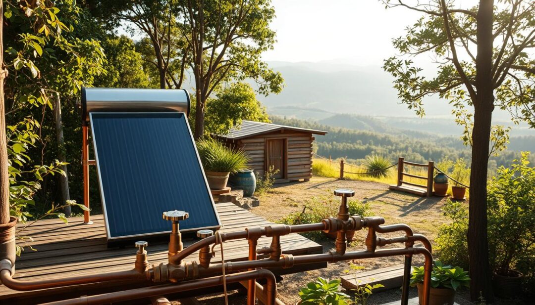 An off-grid hot water setup in a rustic outdoor setting, featuring a solar-powered water heater situated on a wooden platform, surrounded by lush foliage and a peaceful natural landscape. The heater has a sleek, minimalist design with a reflective surface that captures the sun's rays. In the foreground, a network of copper pipes and valves create a visually interesting focal point, conveying the technical aspects of the system. The middle ground showcases a wooden shed or storage structure, blending seamlessly with the environment. In the background, a panoramic view of rolling hills or a forested area sets the tranquil, self-sufficient atmosphere. The lighting is soft and natural, with the sun's rays filtering through the trees and casting warm, diffused shadows. The overall mood is one of simplicity, sustainability, and a harmonious integration with the natural world.
