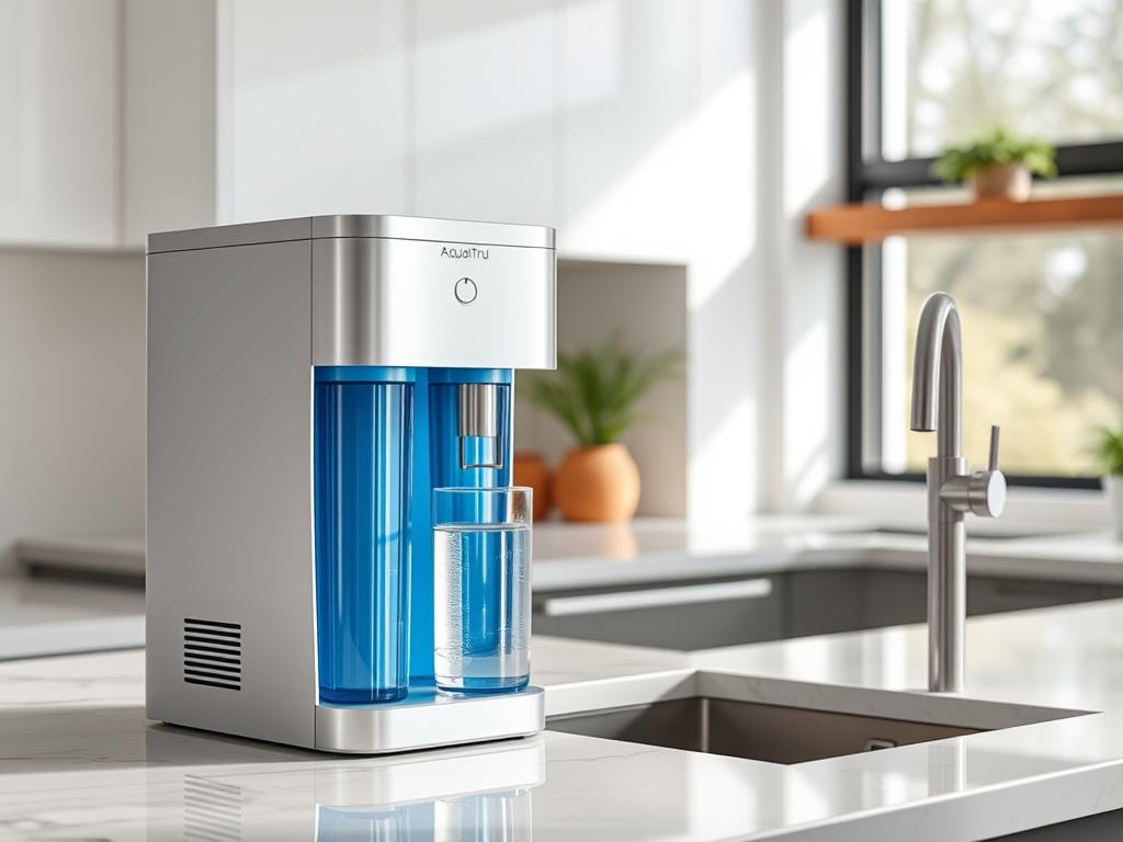 AquaTru countertop reverse osmosis system filtering water in a modern kitchen AquaTru countertop reverse osmosis system filtering water in a modern kitchen