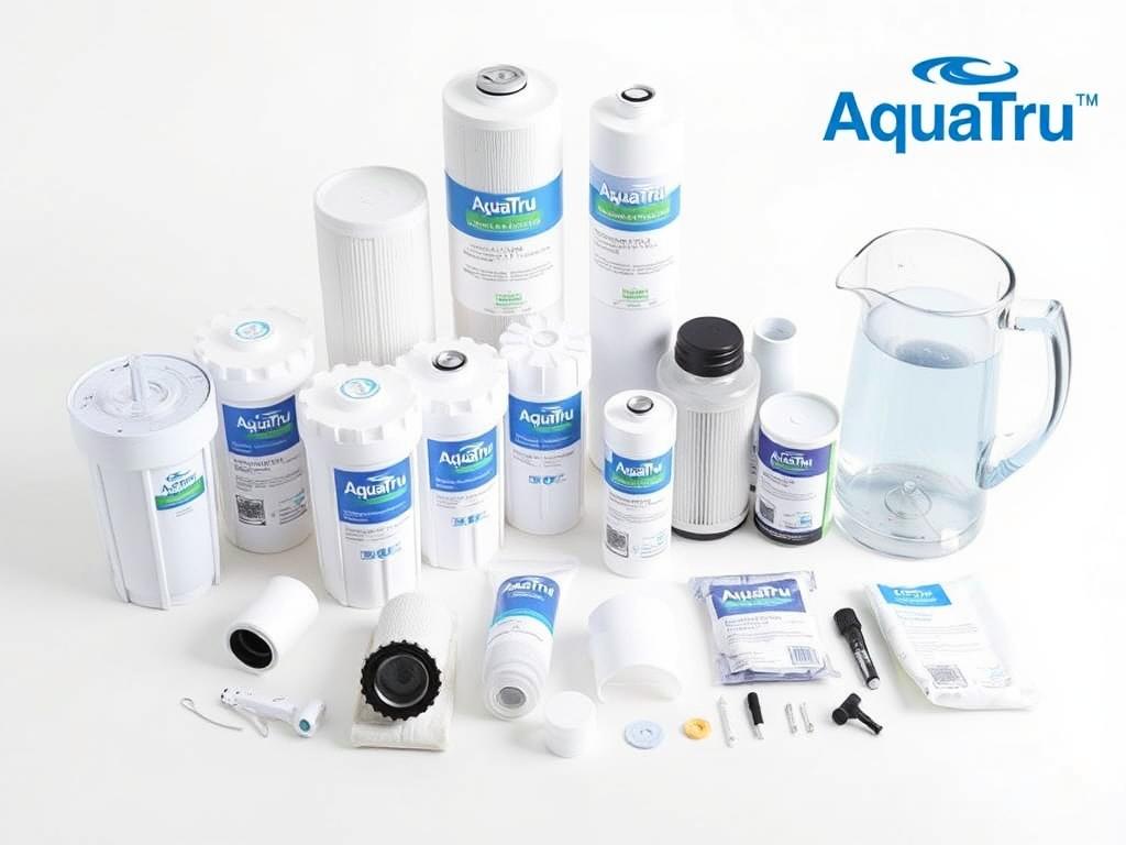 AquaTru replacement filters and accessories arranged in a product display AquaTru replacement filters and accessories arranged in a product display
