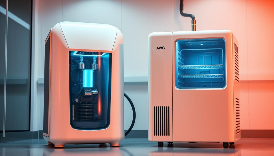 Atmospheric water generator and dehumidifier, standing side by side in a modern, well-lit laboratory setting. The AWG, a sleek, futuristic device, showcases its cutting-edge design, while the dehumidifier, a more traditional appliance, sits adjacent. Intricate technical details, such as the AWG's inner workings and the dehumidifier's condensation collection tray, are visible, inviting the viewer to explore the key differences between these two water-harvesting technologies. The lighting, a mix of warm and cool tones, casts a professional, scientific atmosphere, emphasizing the technical nature of the comparison. The overall composition highlights the contrast and similarities between these two water-harvesting solutions, providing a visually engaging representation of the section's topic. Atmospheric water generator and dehumidifier, standing side by side in a modern, well-lit laboratory setting. The AWG, a sleek, futuristic device, showcases its cutting-edge design, while the dehumidifier, a more traditional appliance, sits adjacent. Intricate technical details, such as the AWG's inner workings and the dehumidifier's condensation collection tray, are visible, inviting the viewer to explore the key differences between these two water-harvesting technologies. The lighting, a mix of warm and cool tones, casts a professional, scientific atmosphere, emphasizing the technical nature of the comparison. The overall composition highlights the contrast and similarities between these two water-harvesting solutions, providing a visually engaging representation of the section's topic.