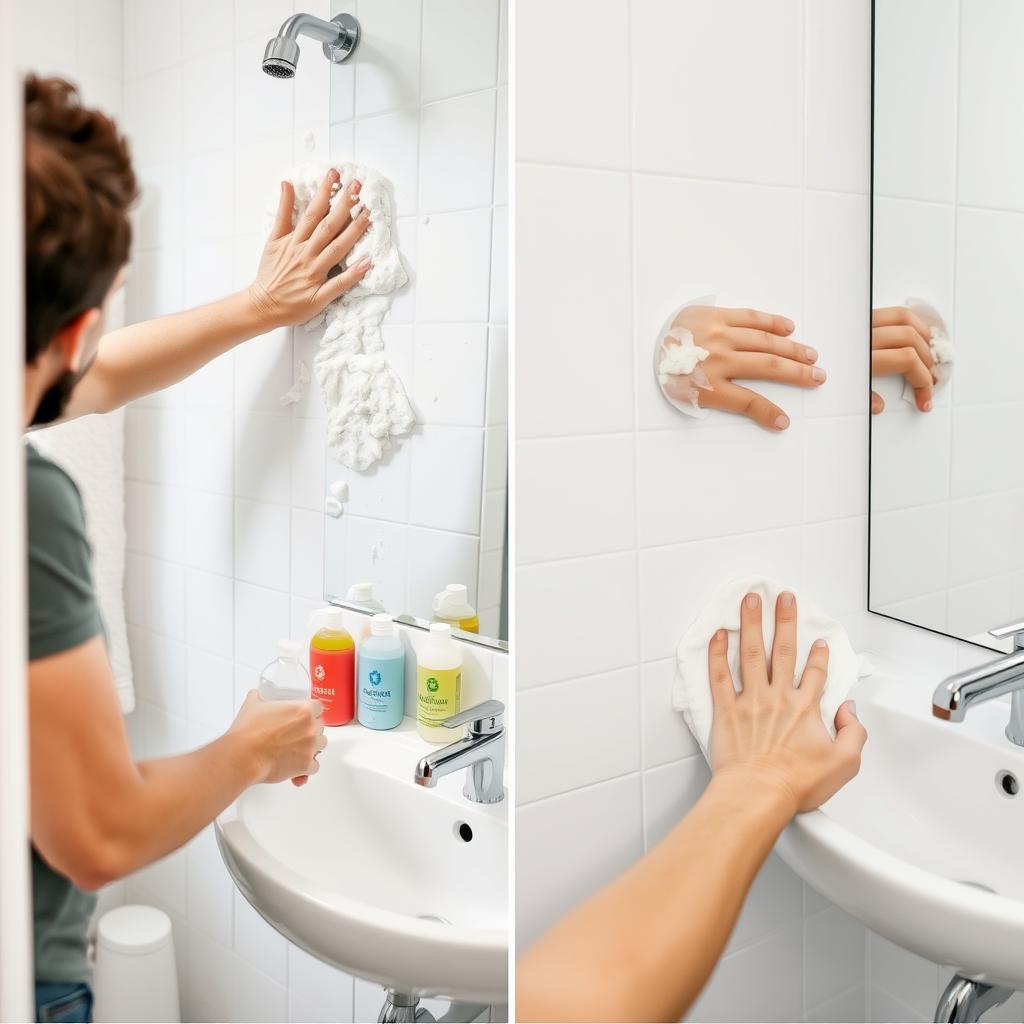 Bathroom surfaces showing less soap scum and easier cleaning after installing a home water softener system Bathroom surfaces showing less soap scum and easier cleaning after installing a home water softener system