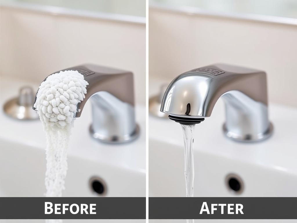 Before and after photos of a faucet showing limescale buildup versus clean surface after installing a home water softener system