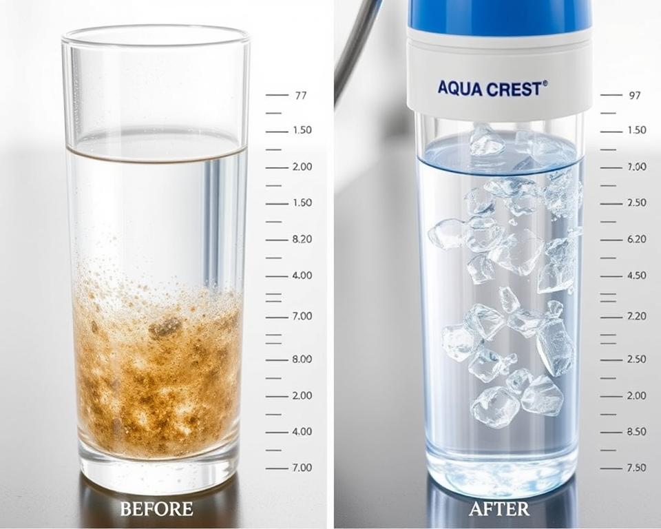 Before and after water samples showing effectiveness of AQUA CREST AP110 Whole House Water Filter Before and after water samples showing effectiveness of AQUA CREST AP110 Whole House Water Filter
