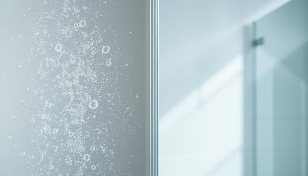 Clean shower glass door after using a home water softener system compared to soap scum buildup before Clean shower glass door after using a home water softener system compared to soap scum buildup before