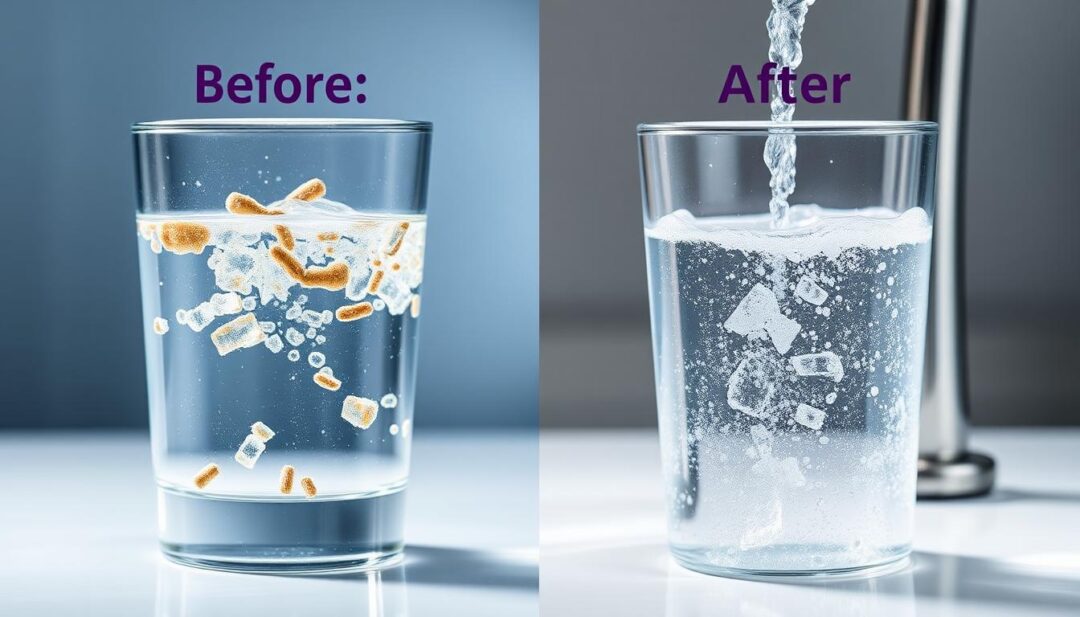 Comparison of water quality before and after AquaTru filtration showing contaminant removal Comparison of water quality before and after AquaTru filtration showing contaminant removal