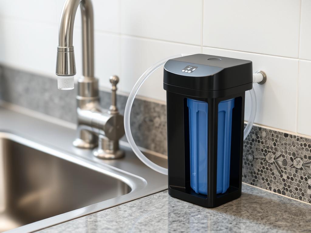 Countertop water filter connected to kitchen faucet Countertop water filter connected to kitchen faucet