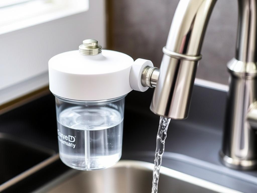 Faucet-mounted water filter attached to kitchen sink Faucet-mounted water filter attached to kitchen sink