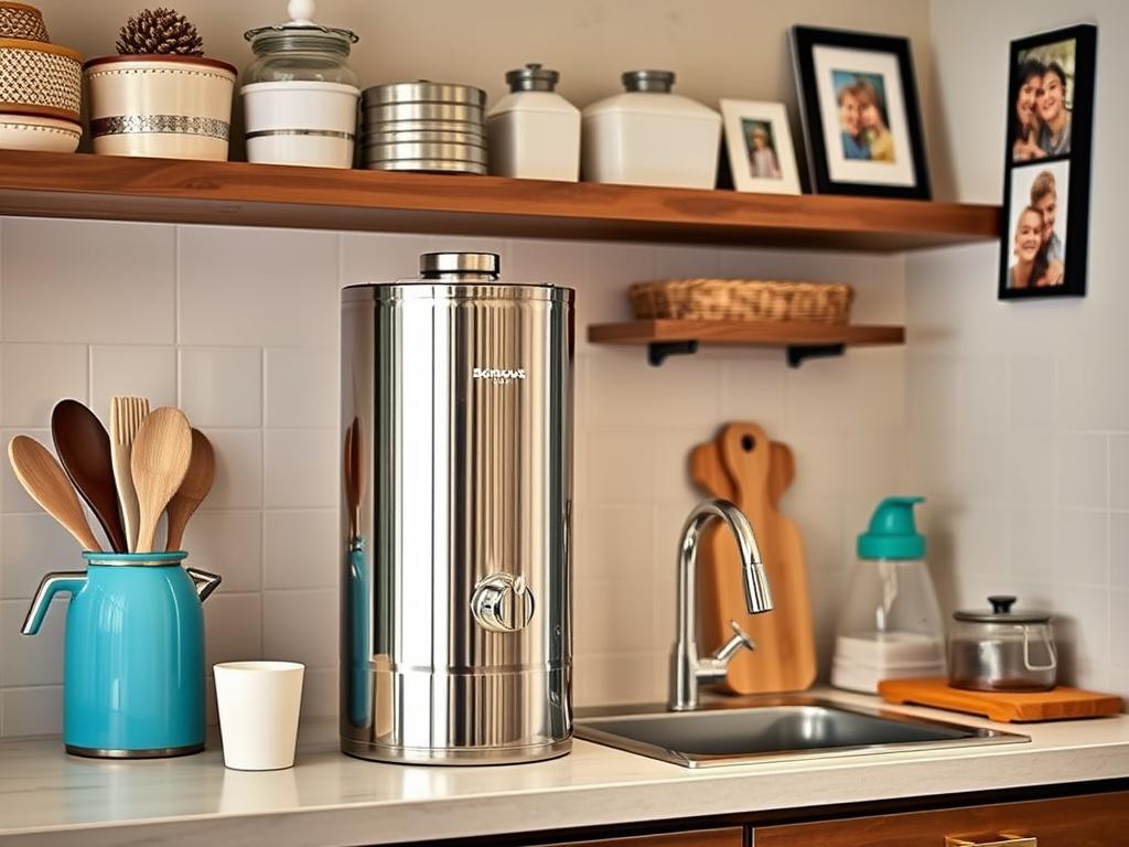 Legacy Boroux gravity water filter in a small kitchen with family