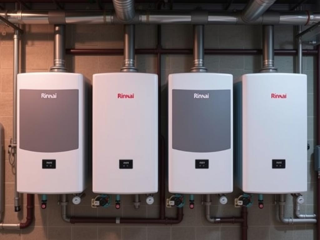Multiple Rinnai commercial tankless water heaters installed in a business setting Multiple Rinnai commercial tankless water heaters installed in a business setting
