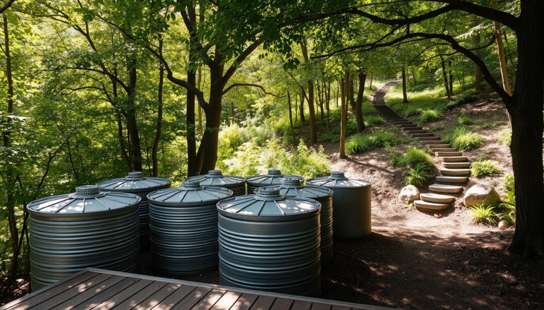 Off-grid water storage tanks nestled in a secluded forest clearing, sunlight filtering through lush foliage. Sturdy metal and concrete tanks, weathered by the elements, stand in a neat arrangement, blending harmoniously with the natural surroundings. The tanks' surfaces reflect the dappled light, creating a serene, almost ethereal atmosphere. In the foreground, a wooden deck provides access, while in the background, a winding path leads deeper into the verdant landscape. The scene conveys a sense of self-reliance, sustainability, and a connection to the natural world. Off-grid water storage tanks nestled in a secluded forest clearing, sunlight filtering through lush foliage. Sturdy metal and concrete tanks, weathered by the elements, stand in a neat arrangement, blending harmoniously with the natural surroundings. The tanks' surfaces reflect the dappled light, creating a serene, almost ethereal atmosphere. In the foreground, a wooden deck provides access, while in the background, a winding path leads deeper into the verdant landscape. The scene conveys a sense of self-reliance, sustainability, and a connection to the natural world.