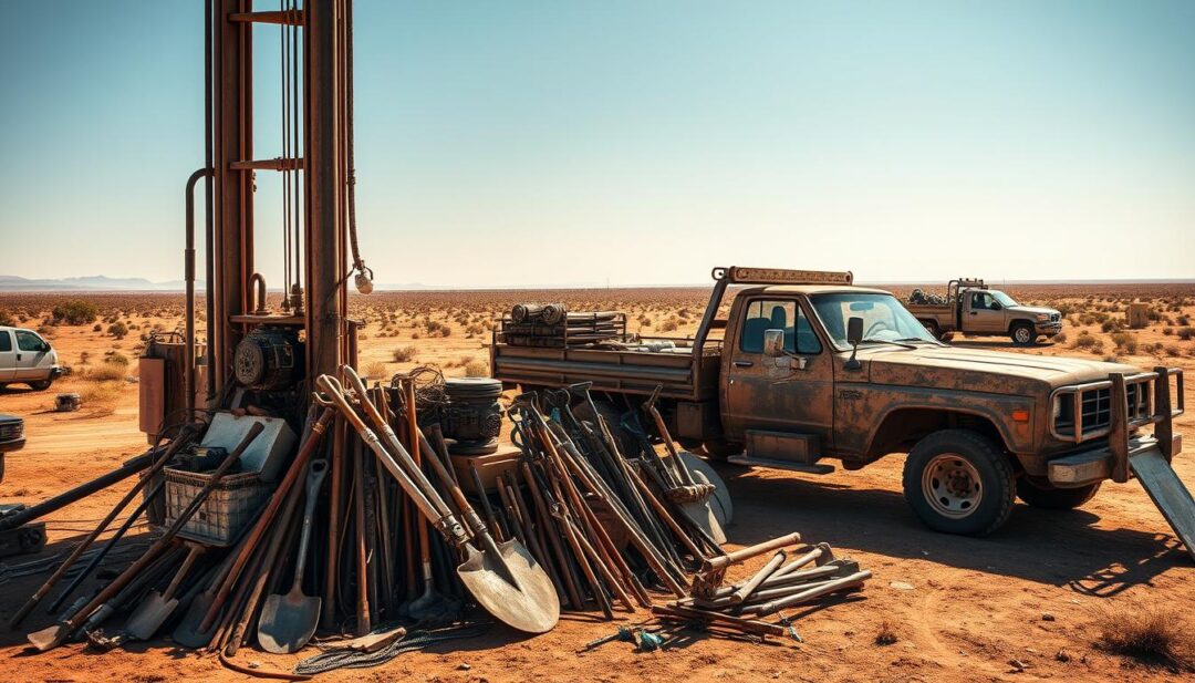 Off-grid well drilling equipment, a rugged and versatile setup on a remote, sun-drenched landscape. In the foreground, a powerful diesel-powered drilling rig, its thick steel mast extending skyward, ready to bore through the earth's crust. Surrounding it, a collection of essential tools - heavy-duty shovels, pickaxes, and winches, all neatly organized and ready for use. In the middle ground, a weathered truck, its sturdy frame carrying a stockpile of steel pipes, hoses, and fittings, the necessary components for constructing the well shaft. In the distant background, a vast expanse of untamed terrain, dotted with scrubby vegetation, suggests the remote, off-the-grid setting. Warm, golden sunlight bathes the scene, casting long shadows and creating a sense of rugged, self-reliant determination. Off-grid well drilling equipment, a rugged and versatile setup on a remote, sun-drenched landscape. In the foreground, a powerful diesel-powered drilling rig, its thick steel mast extending skyward, ready to bore through the earth's crust. Surrounding it, a collection of essential tools - heavy-duty shovels, pickaxes, and winches, all neatly organized and ready for use. In the middle ground, a weathered truck, its sturdy frame carrying a stockpile of steel pipes, hoses, and fittings, the necessary components for constructing the well shaft. In the distant background, a vast expanse of untamed terrain, dotted with scrubby vegetation, suggests the remote, off-the-grid setting. Warm, golden sunlight bathes the scene, casting long shadows and creating a sense of rugged, self-reliant determination.