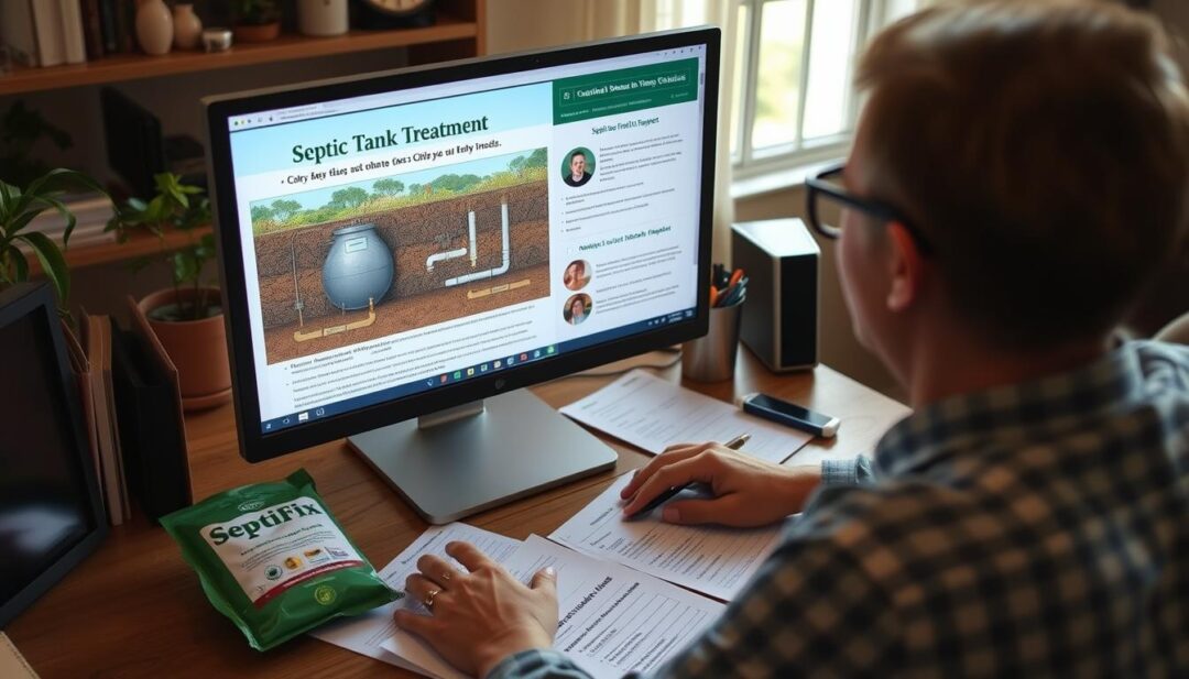 Person researching septic tank treatments on computer Person researching septic tank treatments on computer