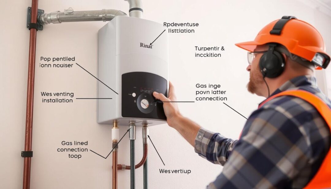 Professional installing a Rinnai tankless water heater with proper venting Professional installing a Rinnai tankless water heater with proper venting