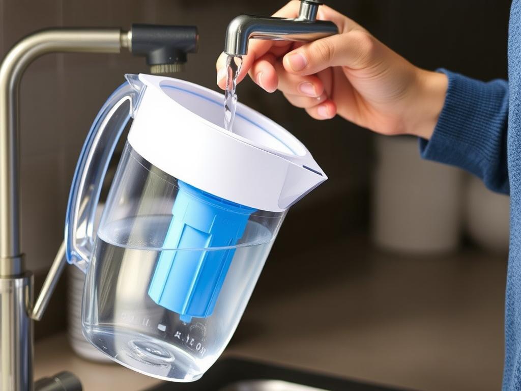 Water filter pitcher being filled from a faucet Water filter pitcher being filled from a faucet