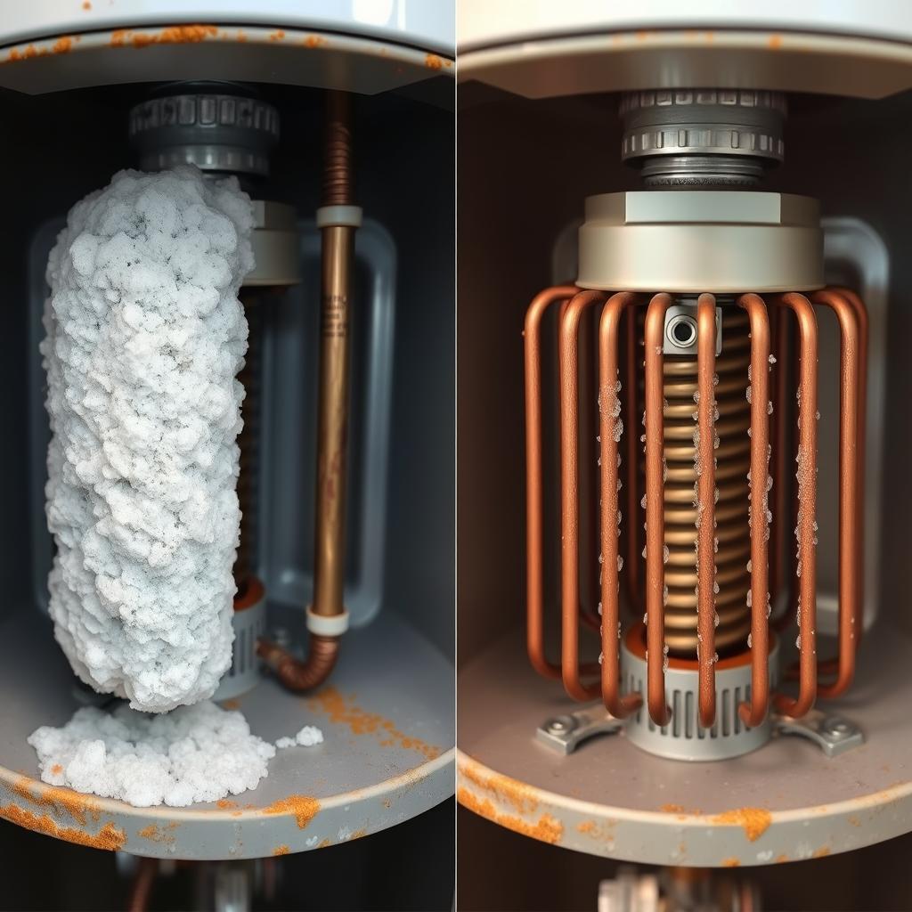 Water heater with and without scale buildup showing how a home water softener system protects appliances Water heater with and without scale buildup showing how a home water softener system protects appliances