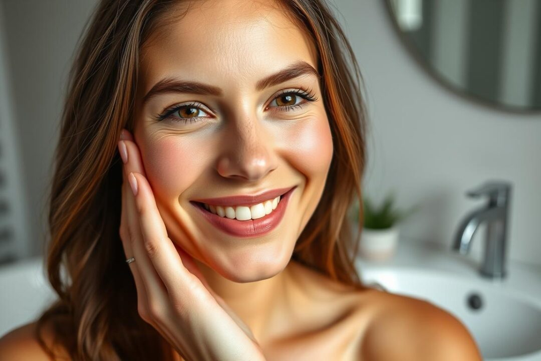 Woman with visibly healthier skin after using softened water from a home water softener system Woman with visibly healthier skin after using softened water from a home water softener system