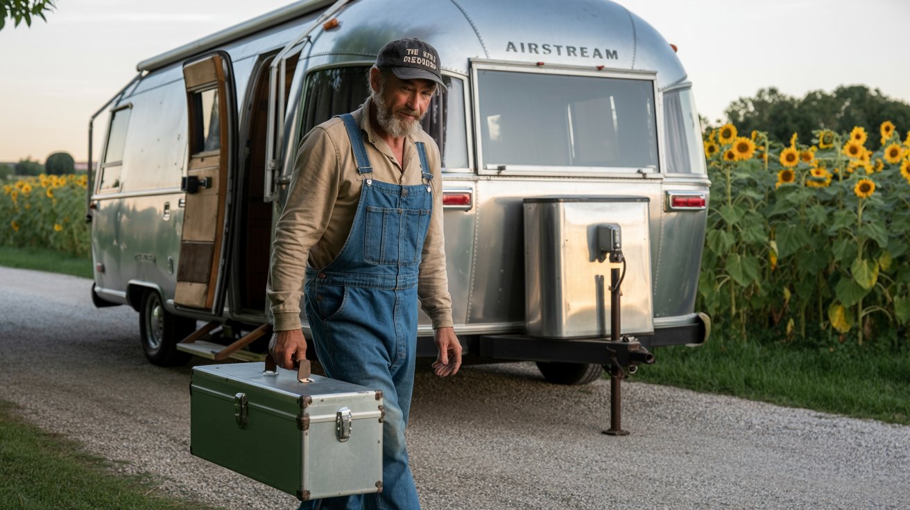 A cinematic photograph depicts a weathered man with a kind face and greying beard approaching a vintage Airstream RV. He carries a sturdy metal toolbox, its latch slightly ajar, revealing glimpses of tools within, and wears faded denim overalls and a worn baseball cap that reads " "The Open Road"". The RV, a gleaming silver teardrop, sits on a gravel driveway lined with tall sunflowers basking in the golden light of late afternoon. A gentle breeze rustles the sunflowers, creating a sense of peaceful solitude and the promise of adventure.