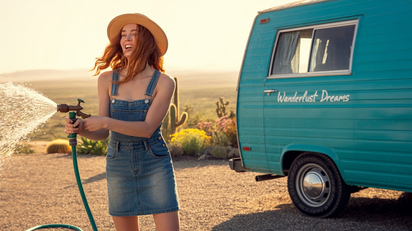 A cinematic photograph depicts a young woman with sun-kissed skin and windswept auburn hair using a vintage green water hose. She's playfully spraying the hose towards a gleaming, turquoise-blue vintage RV parked on a gravel driveway, wearing a faded denim overall dress and a wide-brimmed straw hat. The background features a sprawling desert landscape under a warm, hazy afternoon sun, with cacti and wildflowers dotting the horizon and the words "Wanderlust Dreams" subtly painted on the RV's side panel. Soft, golden light bathes the scene, creating a nostalgic and adventurous mood.