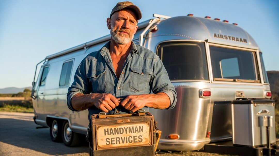 Understanding Why Your RV Water Pump Keeps Turning On and Off A cinematic portrait photograph of a rugged, middle-aged man with weathered hands and a salt-and-pepper beard stands proudly beside a vintage Airstream RV. He wears a worn denim shirt and a baseball cap, holding a well-used tool bag with "Handyman Services" stitched across the front in faded lettering. The RV, gleaming with polished aluminum, is parked on a dusty gravel road beneath a wide, clear sky, suggesting a sense of adventure and self-reliance. Soft, warm afternoon light illuminates the scene, casting long shadows and highlighting the texture of the man’s face and the RV's exterior.