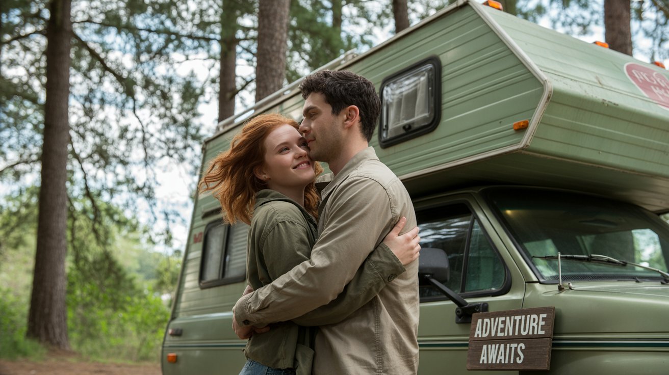 A cinematic still photograph depicts a young couple embracing tenderly outside a vintage, forest-green RV parked deep within a sun-dappled woodland. The woman, with windswept auburn hair and a warm smile, leans into the man who has short dark hair and a kind expression as they both gaze toward “the open road”. Towering pine trees surround the RV, their needles creating a soft, diffused light that filters through the branches, while a rustic wooden sign reading "Adventure Awaits" is visible propped against the RV's side. The scene exudes a sense of peaceful wanderlust and intimate connection against the backdrop of nature's serenity.