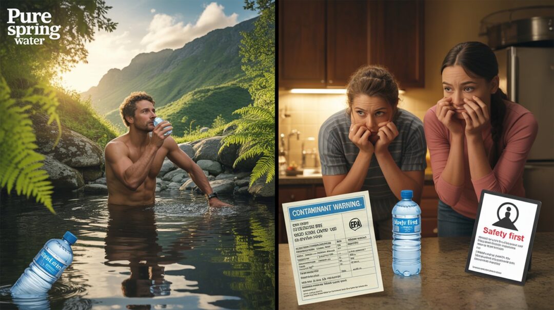 A compelling side-by-side lifestyle advertisement campaign for "Pure Spring Water" contrasts two distinct scenes to highlight the brand’s purity and safety. On the left, a sun-drenched outdoor scene showcases a rugged man confidently drinking from a pristine mountain spring, the water sparkling under golden hour light with lush ferns framing the shot, subtly featuring a partially hidden plastic bottle downstream – a silent reminder of environmental concerns. In stark contrast, the right panel depicts a worried family in a dimly lit kitchen hesitantly observing cloudy tap water, a "CONTAMINANT WARNING" water bill and EPA test results visible on the counter, while a "SAFETY FIRST" fridge magnet underscores their concern. The contrasting aesthetics – aspirational commercial photography on the left and realistic documentary style on the right – emphasize the choice between uncertain tap water and the promise of "Pure Spring Water," fostering trust and a desire for healthier hydration.