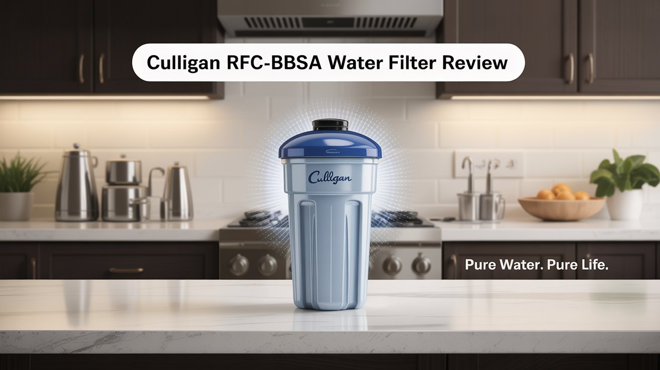 A crisp product shot advertisement for Culligan showcasing their RFC-BBSA whole house replacement water filter, prominently displayed on a clean, modern kitchen counter with stainless steel appliances subtly visible in the blurred background. The filter is brightly lit with soft, diffused light highlighting its sleek design and emphasizing its premium build quality, positioned slightly off-center to create visual interest and balanced by the counter’s clean lines. A subtle glow emanates from the filter, reinforcing its advanced filtration capabilities, while a white banner at the top of the image features the text "Culligan RFC-BBSA Water Filter Review" in a clear, bold font, and the tagline "Pure Water. Pure Life." appears subtly in the bottom right corner, enhancing the overall feeling of health and well-being.