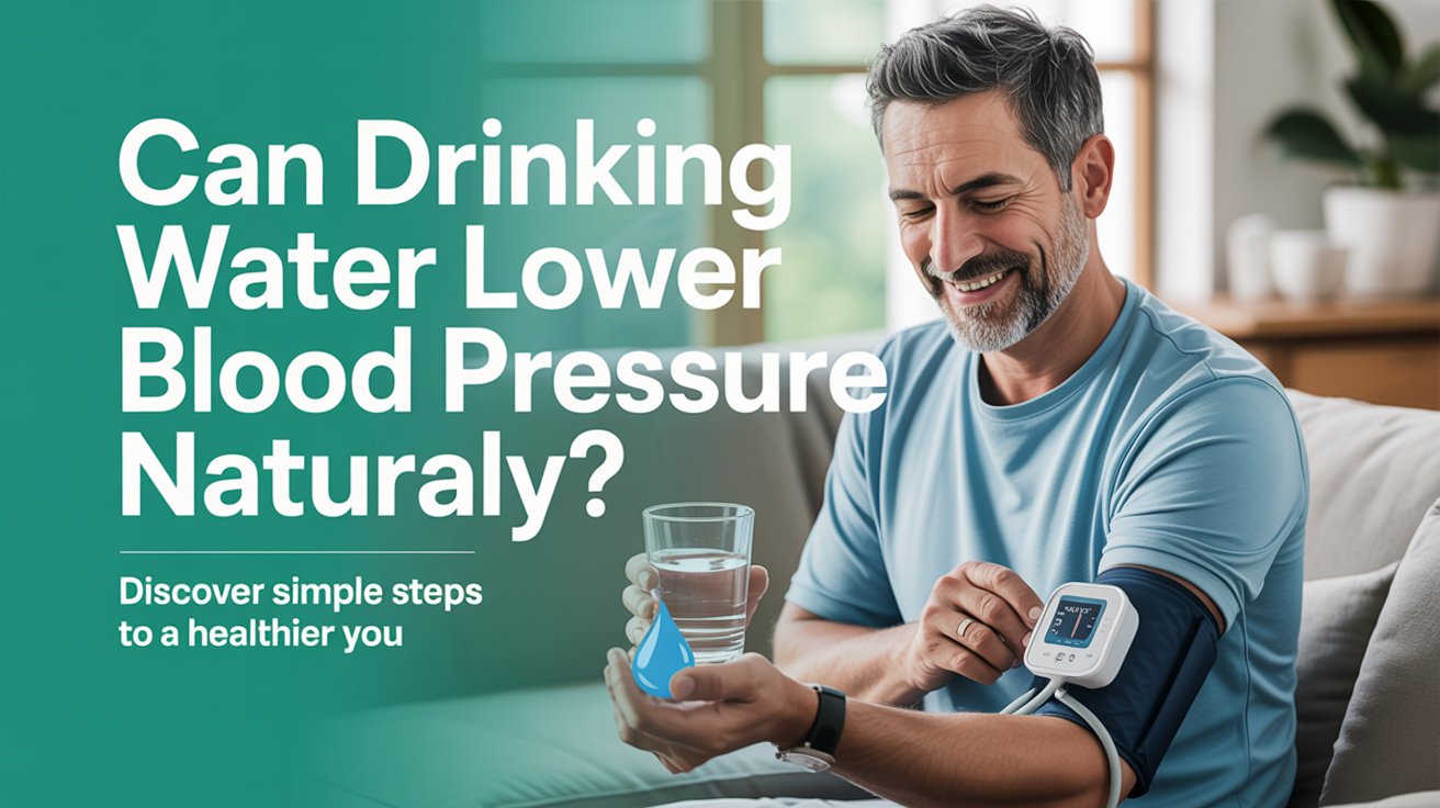 A lifestyle advertisement flyer promoting the health benefits of drinking water, featuring a warm, softly-lit image of a middle-aged man smiling gently as he checks his blood pressure with a home monitor on his wrist, while holding a glass of clear water. The background is a comfortable, modern living room with natural light streaming in, creating a calming and approachable atmosphere. Bold, sans-serif text overlayed in a vibrant teal color proclaims "Can Drinking Water Lower Blood Pressure Naturally?" at the top, with smaller text below stating "Discover Simple Steps to a Healthier You" and a subtle water droplet graphic incorporated into the design, emphasizing freshness. The overall aesthetic is clean, modern, and reassuring, conveying the message of effortless health improvement with clear branding and a focus on simple lifestyle changes.