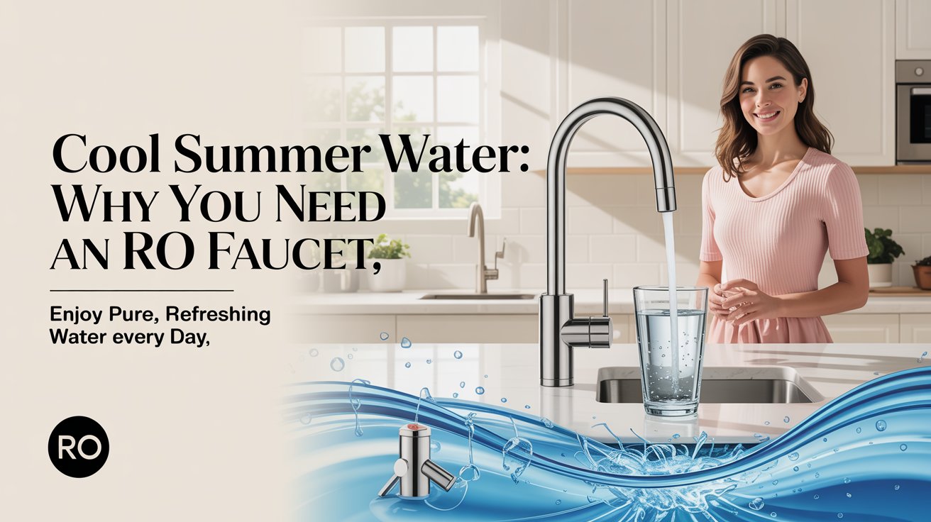 A lifestyle advertisement showcasing the benefits of an RO faucet with the tagline “Cool Summer Water: Why You Need an RO Faucet,” centered in bold, modern font at the top of the flyer. The background features a bright, airy kitchen scene with a smiling woman confidently standing near a sleek, stainless-steel RO faucet, dispensing crystal-clear water into a glass, emphasizing the convenience and purity. Soft, diffused sunlight illuminates the kitchen, creating a refreshing and inviting atmosphere, while a subtle graphic overlay depicts microscopic water purification, reinforcing the RO technology's benefits, with the brand logo discreetly placed in the bottom corner and the text “Enjoy Pure, Refreshing Water Every Day” displayed in a smaller, elegant font below the tagline.