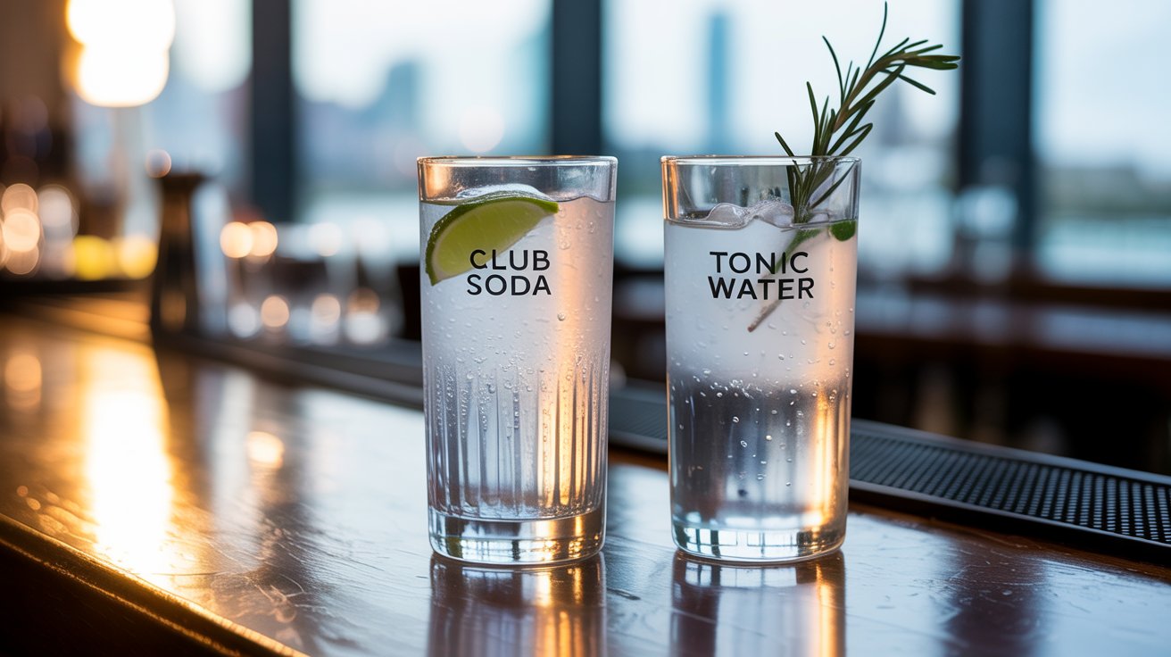 A photograph of two clear glasses side-by-side, one containing "Club Soda" and the other "Tonic Water" written in elegant script on small paper labels. The club soda glass is adorned with a wedge of lime, while the tonic water glass features a sprig of fresh rosemary, each garnish subtly enhancing the drink's visual appeal. Both glasses rest on a polished wooden bar countertop, with a blurred background of a dimly lit cocktail lounge suggesting a sophisticated setting. Soft, warm lighting highlights the condensation on the glasses, adding depth and a refreshing feel to the scene.