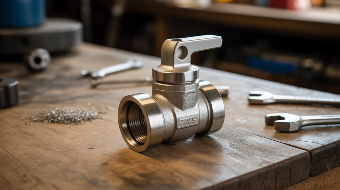 Understanding the Importance of Shutoff Valves A photograph of a brushed stainless steel ball valve resting on a well-worn wooden workbench. The valve has a bright silver finish and prominent lever handle, angled slightly upwards towards the viewer. A scattering of metallic filings and small tools like wrenches are subtly arranged around the valve, adding to the industrial feel. Soft, diffused lighting highlights the valve's texture and casts subtle shadows on the workbench surface, enhancing the sense of depth.