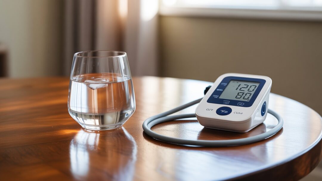 Can Drinking Water Lower Blood Pressure Naturally A photograph of a clear glass of water resting on a polished wooden table. The glass is partially filled with water, reflecting the soft light, and a single ice cube floats near the bottom. Beside the glass sits a modern digital blood pressure monitor displaying "120/80" on its screen, with a silver cuff neatly coiled. The background is softly blurred, revealing a neutral beige wall and a hint of sunlight filtering through a nearby window.