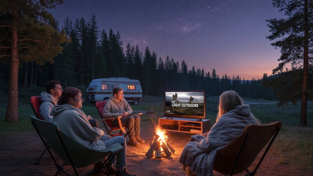 Understanding How Long an RV Water Pump Should Last A photograph of a cozy campsite bathed in the warm glow of twilight, centered around a modern flat-screen TV displaying "The Great Outdoors" on its screen. A group of four people, bundled in thick woolen blankets, are seated in comfortable camping chairs facing the television, their faces illuminated by the flickering light. Surrounding the scene is a dense forest of towering pine trees, with a vintage camper van parked subtly in the background and a vast expanse of stars emerging in the darkening sky above. Soft, amber light from the campfire dances across the scene, creating a welcoming atmosphere blending nature and technology.