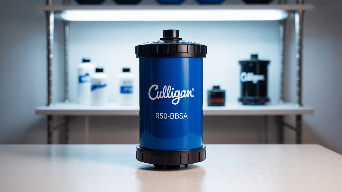 A photograph of a Culligan R50-BBSA water filter cartridge prominently displayed on a clean white surface. The cartridge has a cylindrical shape with a blue plastic housing and black end caps, labeled with "Culligan" in bold white lettering and "R50-BBSA" underneath. Soft, diffused studio lighting illuminates the cartridge from above, casting subtle shadows that highlight its texture and form. A slightly blurred background of stainless steel shelves with various water filtration components adds a professional and technical context to the image.