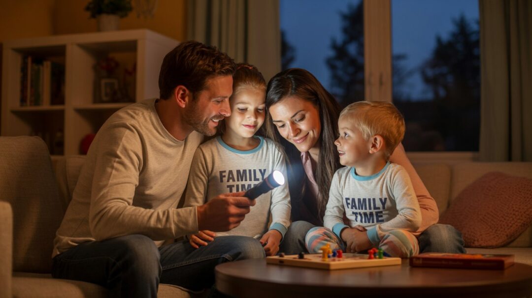 A photograph of a family of four huddled closely together in a warmly lit living room during a power outage. The father holds a bright LED flashlight illuminating the faces of his wife and two young children, who are gazing at each other with expressions of comfort and shared experience. The children are wearing matching pajamas reading "Family Time" and the room is decorated with a cozy, lived-in aesthetic featuring a dark wood coffee table with a half-finished board game and soft, muted tones. A single window shows the dark silhouette of trees swaying gently in the night breeze, contributing to the intimate and comforting atmosphere.