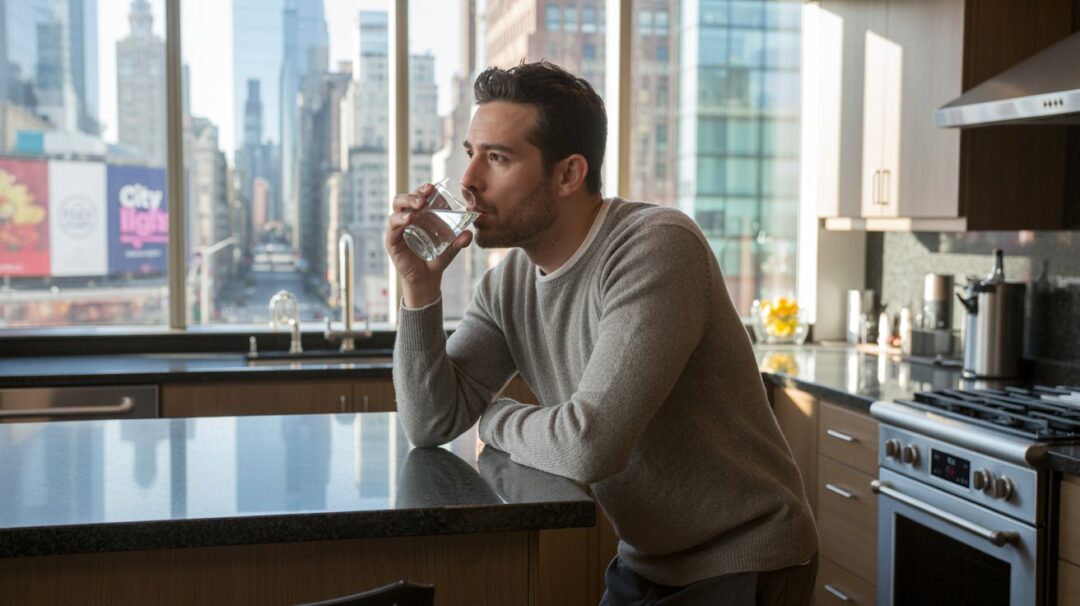 A photograph of a man casually leaning against a kitchen island, drinking from a glass of water. He has short dark hair, a neatly trimmed beard, and is wearing a comfortable grey sweater. The kitchen features modern stainless steel appliances and dark granite countertops, with a large window showcasing a vibrant cityscape filled with towering skyscrapers and colorful billboards displaying "City Lights". Soft, diffused sunlight streams through the window, illuminating the man and casting a warm glow on the apartment.
