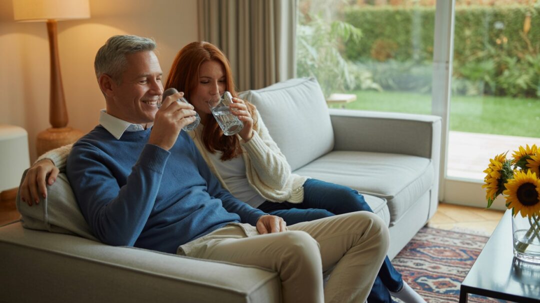 A photograph of a middle-aged husband and wife sharing a quiet moment in a warmly lit living room. The man, with short graying hair and a gentle smile, is holding a glass of water, while his wife, with long brown hair pulled back in a loose bun, raises her glass in a toast; both glasses feature etched designs of "Forever". A cozy fireplace crackles softly in the background, with a plush, cream-colored sofa and a dark wood coffee table scattered with books completing the scene. Soft, natural light filters through sheer curtains, creating a peaceful and intimate atmosphere.