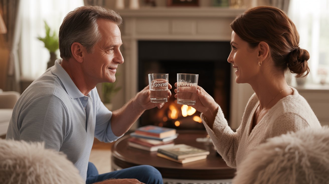 A photograph of a middle-aged husband and wife sharing a quiet moment in a warmly lit living room. The man, with short graying hair and a gentle smile, is holding a glass of water, while his wife, with long brown hair pulled back in a loose bun, raises her glass in a toast; both glasses feature etched designs of "Forever". A cozy fireplace crackles softly in the background, with a plush, cream-colored sofa and a dark wood coffee table scattered with books completing the scene. Soft, natural light filters through sheer curtains, creating a peaceful and intimate atmosphere.