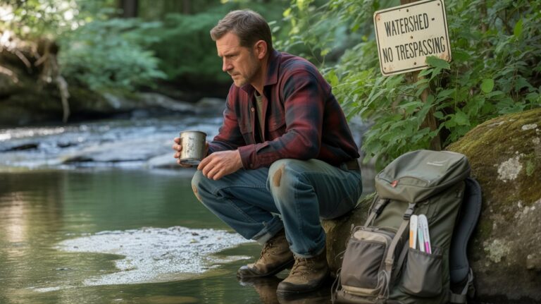 A photograph of a middle-aged man kneeling beside a pristine forest stream, clutching a weathered metal camping cup. He wears a faded red and black flannel shirt, worn blue jeans, and scuffed brown hiking boots, his brow furrowed in quiet contemplation as he examines the flowing water. A faded "Watershed - No Trespassing" sign, partially hidden behind dense green foliage, is visible in the background alongside a worn grey backpack leaning against a mossy rock, with faint water testing strips visible peeking out from a side pocket. Soft sunlight filters through the canopy, creating dappled shadows and a subtle sheen on the water’s surface hinting at an unnatural, foamy residue near the rocks.
